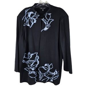 Ming Wang XL Black Knit Cardigan Jacket Blue Floral Embroidery Hook & Eye